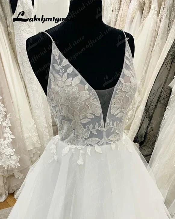 Vestido de novia NumberSea con tirantes finos, escote en V escalonado, estilo princesa, de tul, sin espalda y con cremallera 