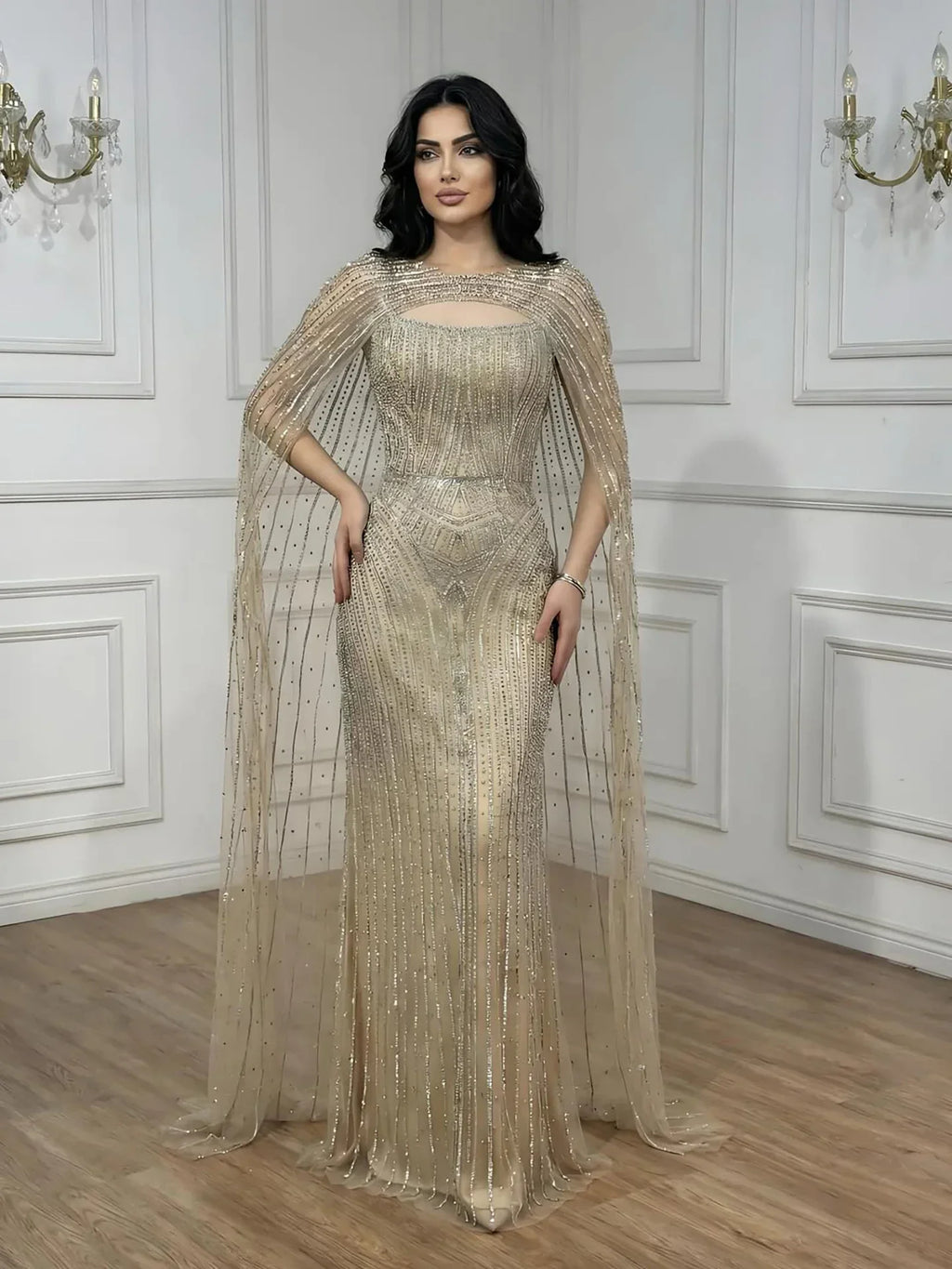 Vestido de Noche de Lujo Azul Diamante con Capa