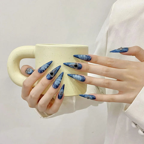 10pcs Flash Blue Press On Nails Handmade Long Stiletto False Nail Tips With Metal Heart 3D Water Ripple Designs Fake Nail Art