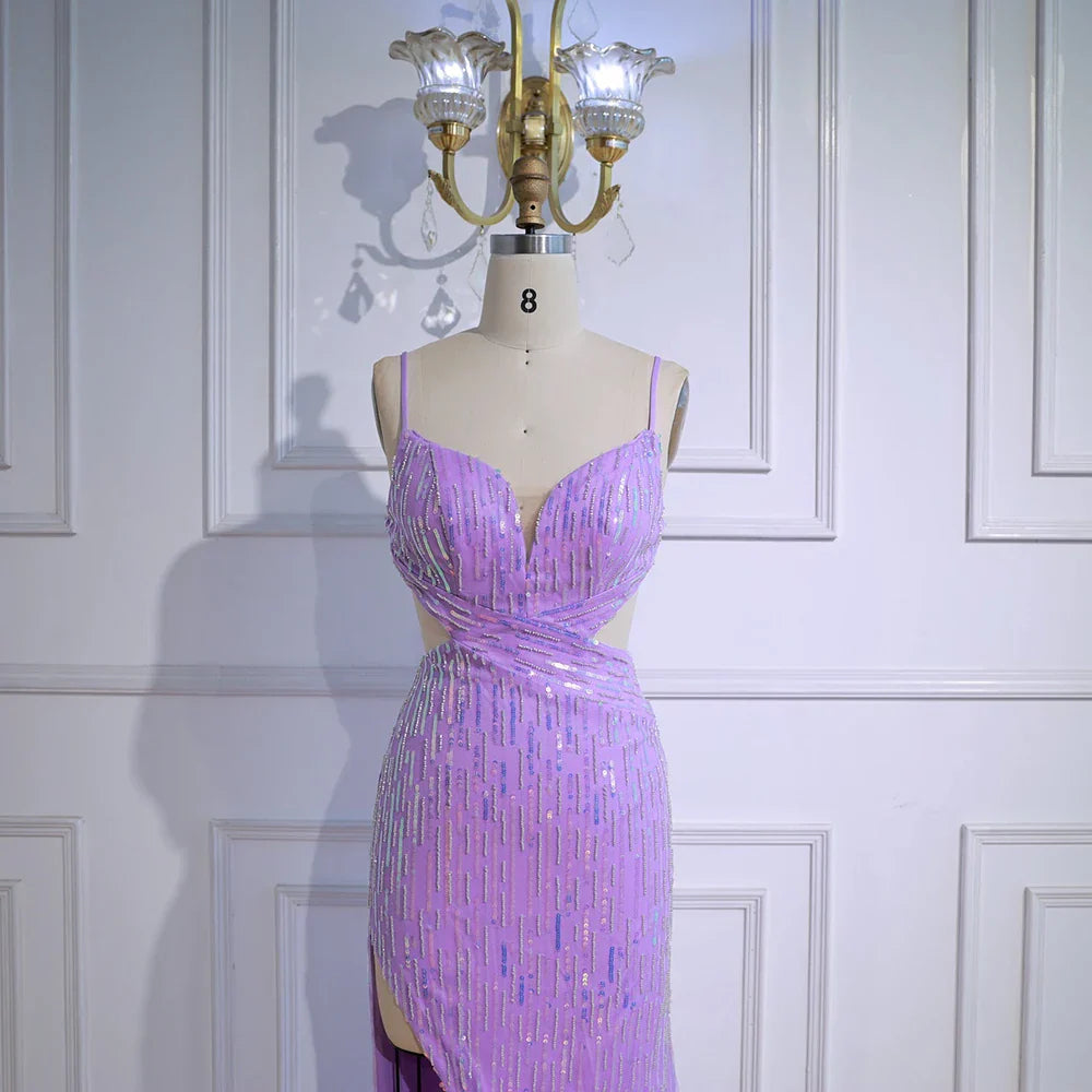 Vestido de fiesta de lentejuelas moradas de lujo con abertura y cintura recortada LA73000