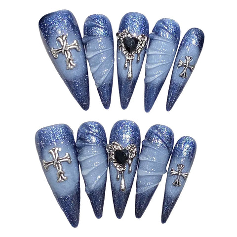 10pcs Flash Blue Press On Nails Handmade Long Stiletto False Nail Tips With Metal Heart 3D Water Ripple Designs Fake Nail Art
