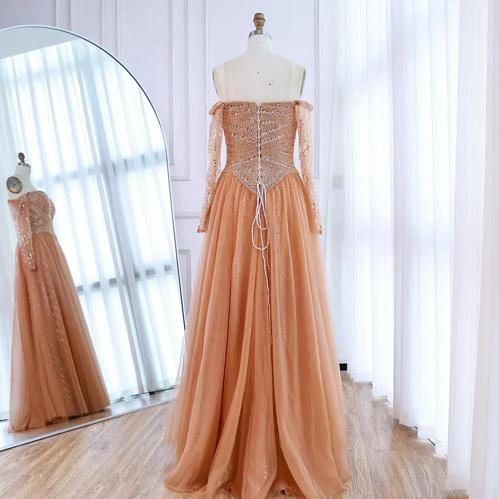 Luxuriöses schulterfreies A-Linien Abendkleid mit Perlen