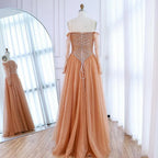 Luxuriöses schulterfreies A-Linien Abendkleid mit Perlen