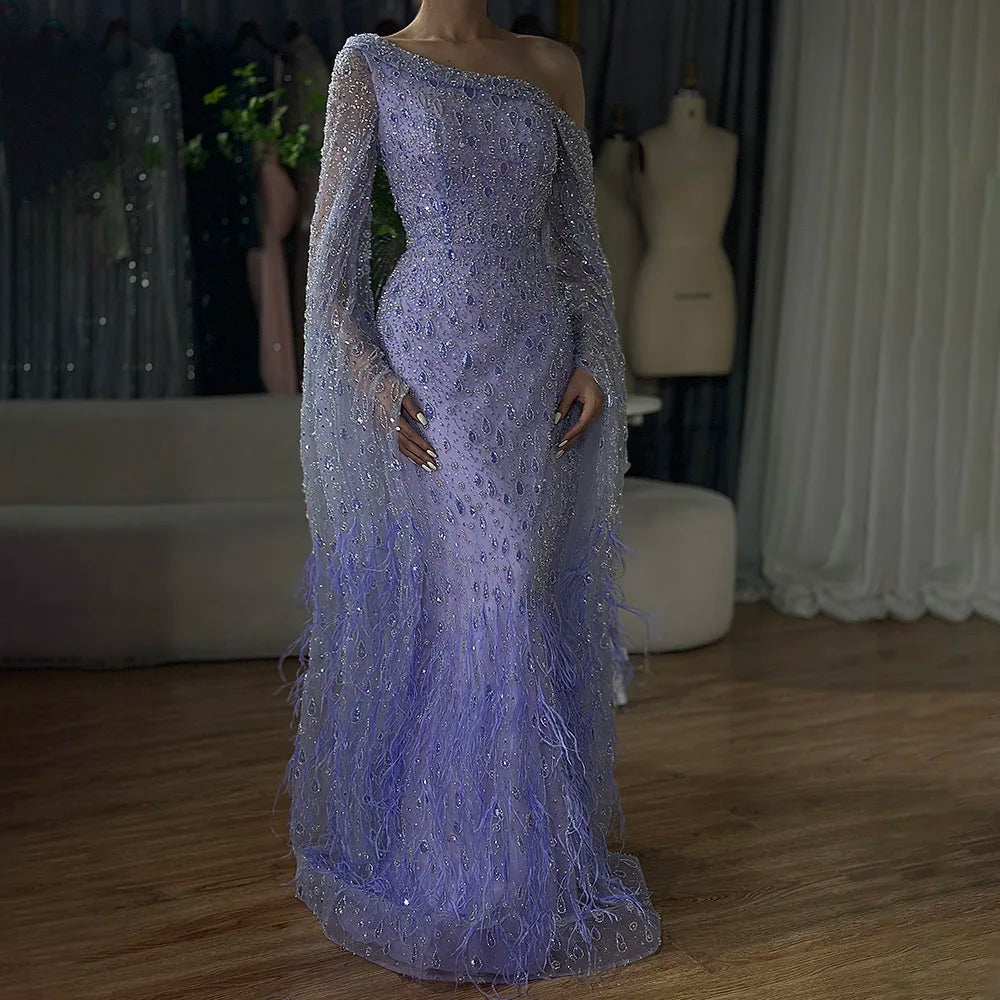 Luxury Feather One Shoulder Evening Dress with Cape Sleeves LA72763