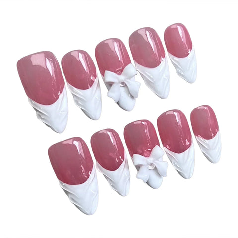 10pcs White French Handmade False Nails 3D Bowknots Designs Press On Nails Rose Pink Detachable Almond Fake Nail Patches