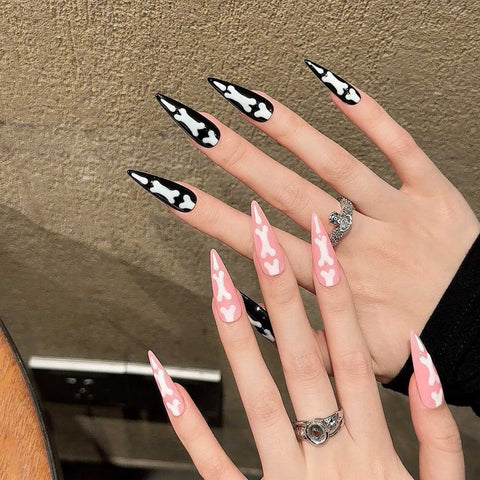 10pcs Halloween Theme Press On Nails Gradient Cat Claw Bone Handmade Fake Nails Pink And Black Long Stiletto False Nail Patches