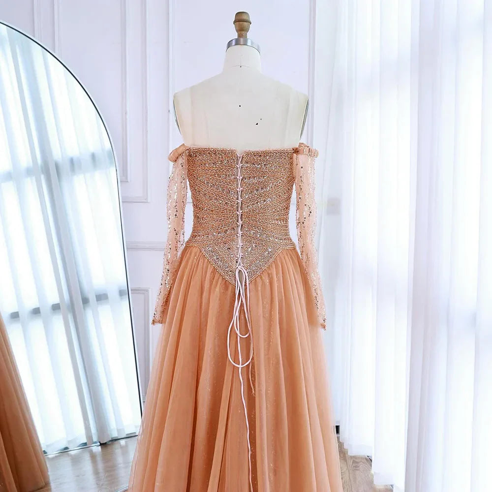 Luxuriöses schulterfreies A-Linien Abendkleid mit Perlen