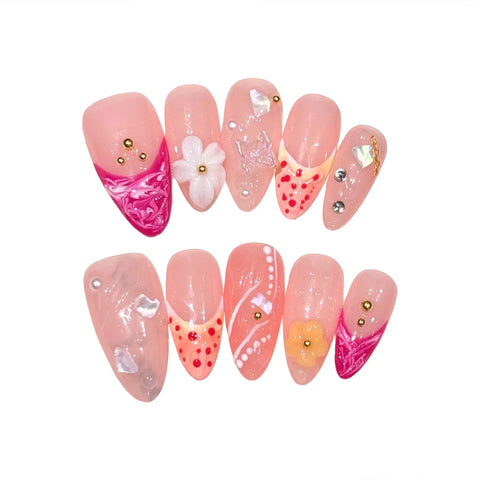10pcs Handmade Almond Press On Nails Light Pink French Style Fake Nail Patches Paint Flower Flash Rhinestone Decor False Nails