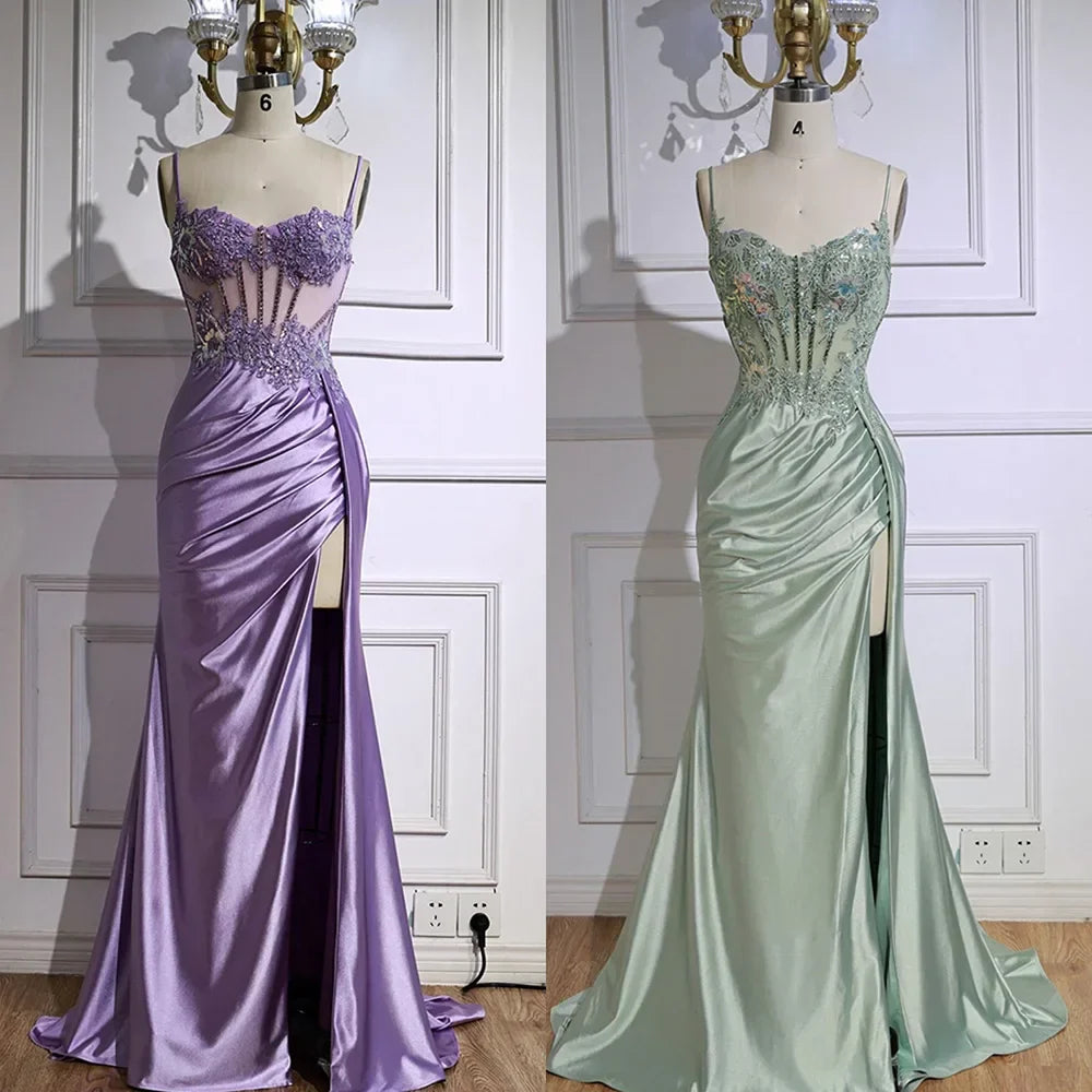Vestido de fiesta de satén verde menta de lujo con cuentas y abertura LA72995
