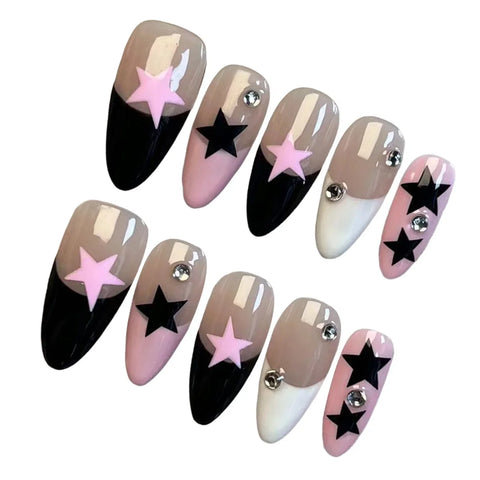 10pcs Handmade Press On Nails Black White Pink French Style False Nails Paches Star Designs Wearable Almond Fake Nail For Women