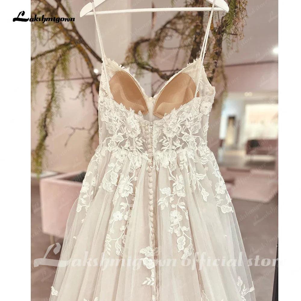 Vestido de novia NumberSea con tirantes finos 2025, elegante, largo, para playa, con apliques de encaje floral. 