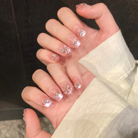 10pcs Fantasy RRose Pink French Style Press On Nails Shimmery Diamond Butterfly Sweet Handmade False Nail Korean Wearable Nails