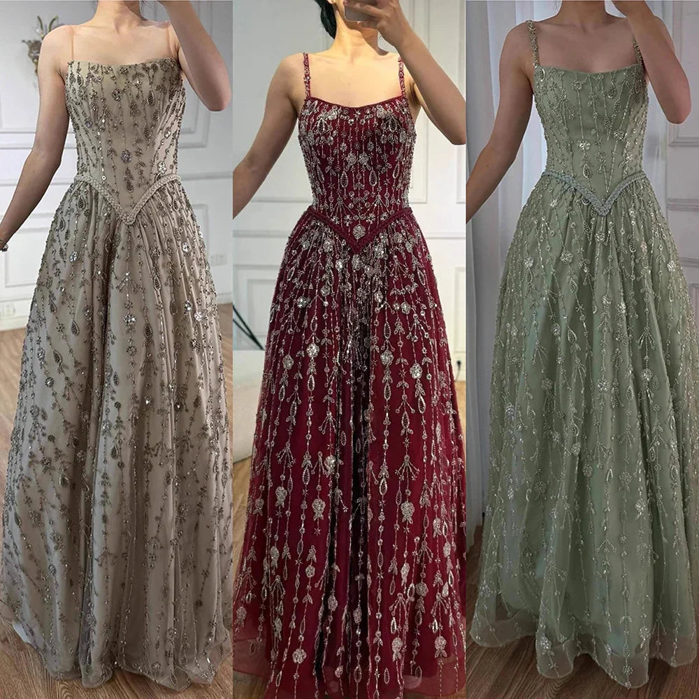 Luxury Sage Green Beaded A-Line Spaghetti Strap Evening Dress