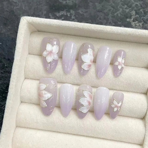 10pcs Hand-painted White Flower Press On Nails Glossy Pink Almond Cat's Eye False Nails Sweet Spring Detachable Fake Nail Tips