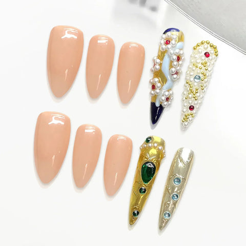 10pcs Handmade Press On Nails Chinese VIntage Court Style False Nails Almond And Long Pointed Luxury Artificial Fake Nail Patch
