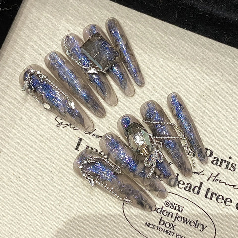 10pcs Handmade Press On Nails Gradient Blue Purple 3D Water Ripple French Style Fake Nails Starry Sky Long Ballerina False Nail