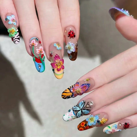 10 uñas postizas creativas de verano hechas a mano con diseños de insectos y flores de colores en 3D, uñas postizas de estilo francés Y2k para primavera. 