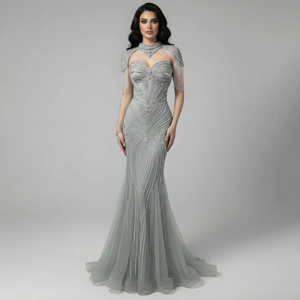 Vestido de Noche Sirena con Cuentas Color Nude de Lujo y Cuello Alto LA72897