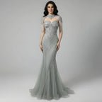 Vestido de Noche Sirena con Cuentas Color Nude de Lujo y Cuello Alto LA72897