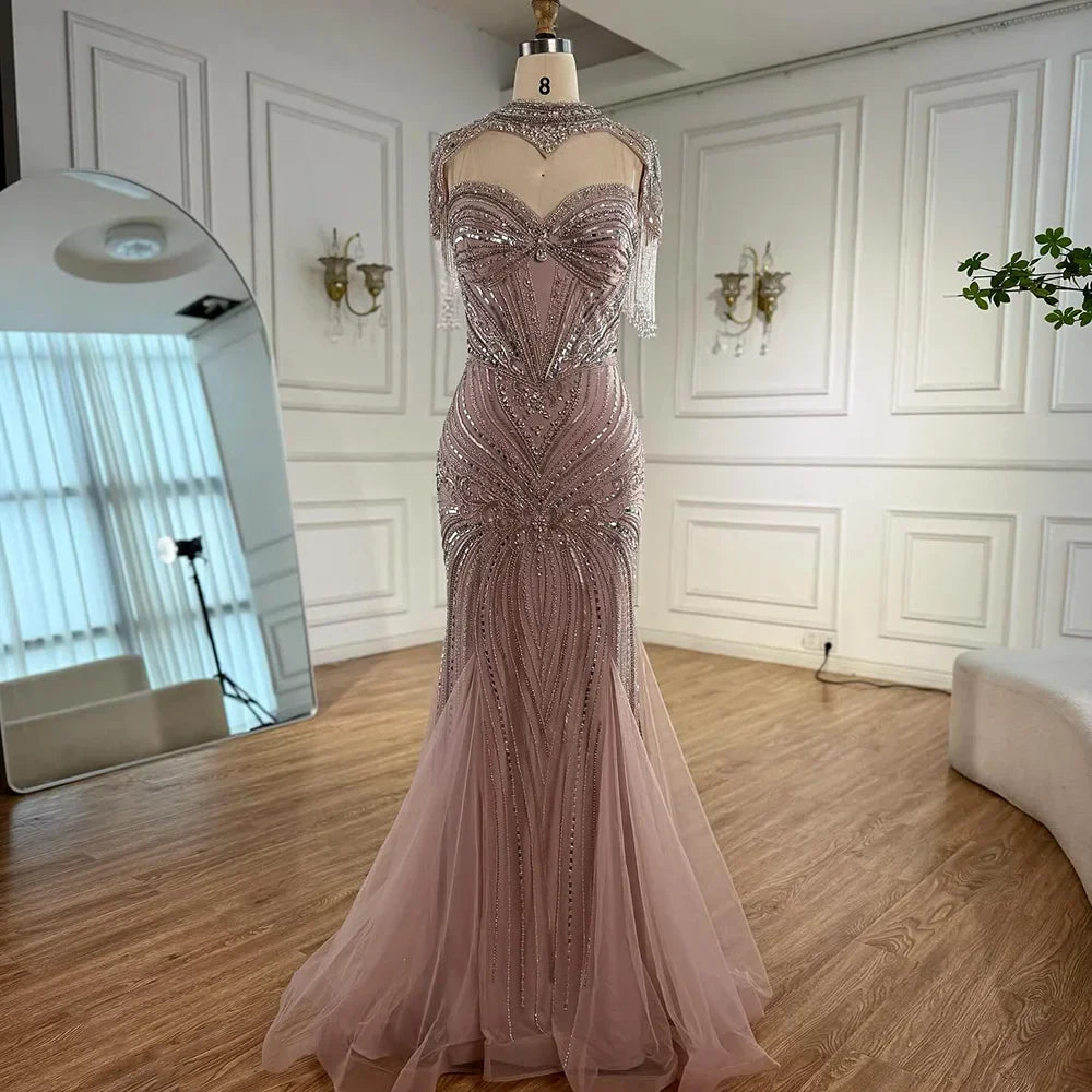 Vestido de Noche Sirena con Cuentas Color Nude de Lujo y Cuello Alto LA72897