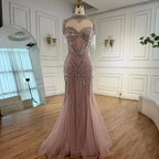 Vestido de Noche Sirena con Cuentas Color Nude de Lujo y Cuello Alto LA72897