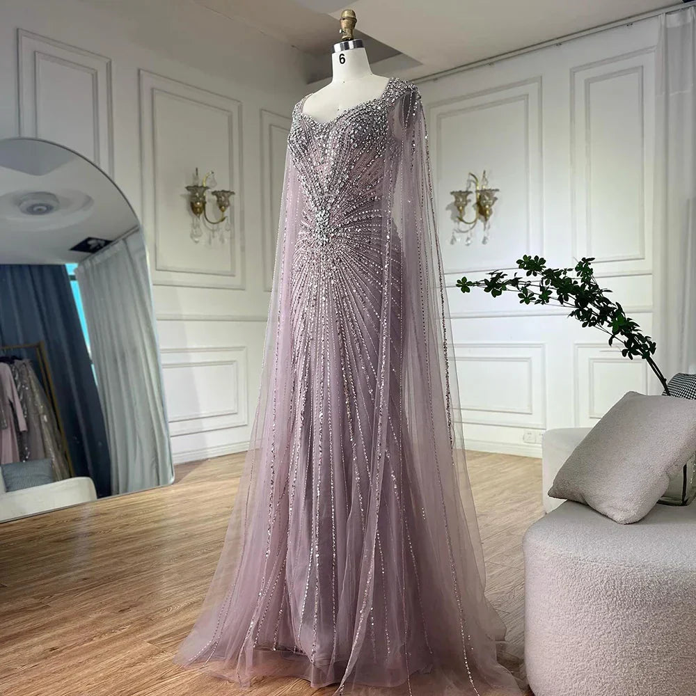 Dubai Luxuriöses Abendkleid mit nackten Cape-Ärmeln und Perlen LA72575A