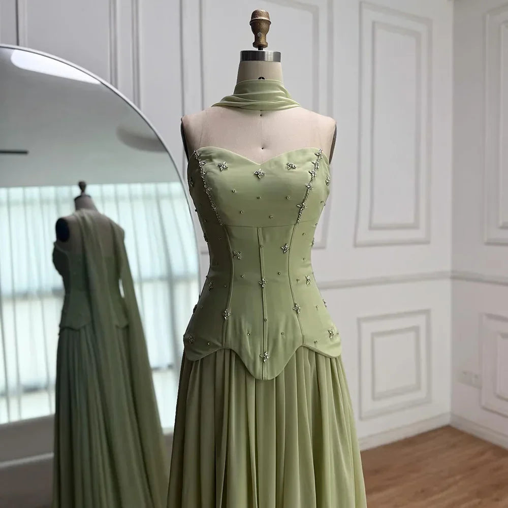Elegante vestido de noche de chifón color verde salvia corte A
