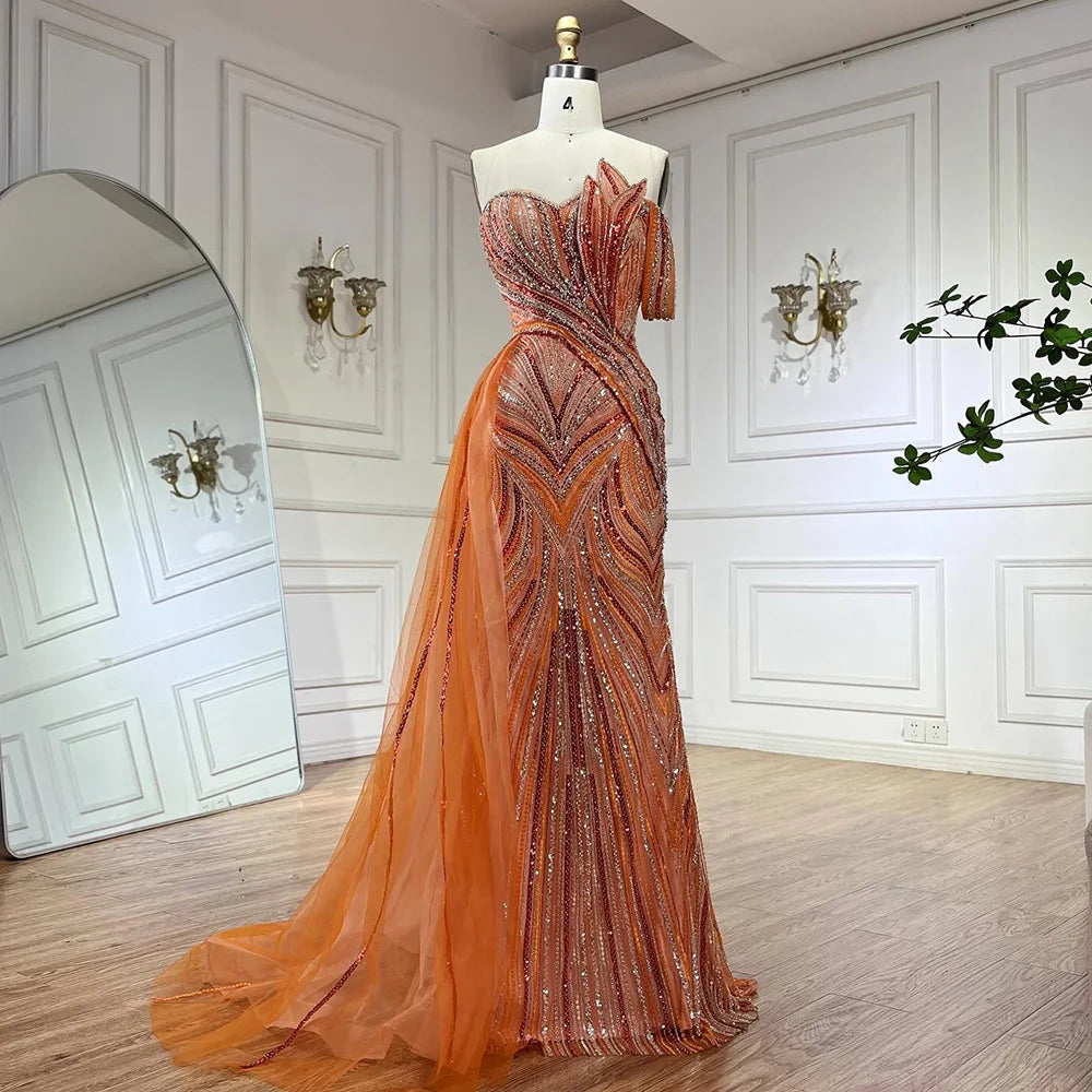 Luxuriöses arabisch-blaues One-Shoulder-Abendkleid aus Dubai mit seitlichem Überrock und Perlen für Damenparty LA72662