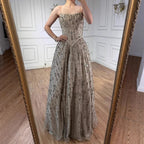 Luxury Sage Green Beaded A-Line Spaghetti Strap Evening Dress