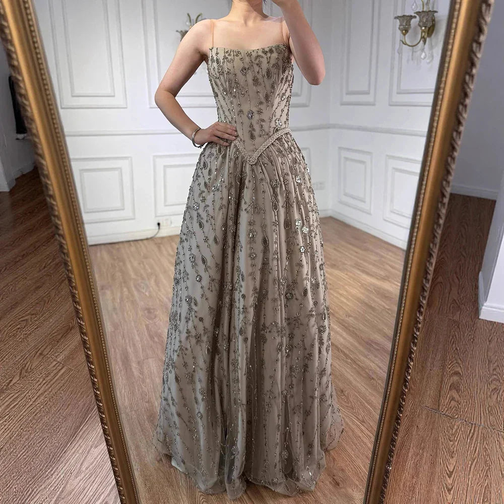 Luxury Sage Green Beaded A-Line Spaghetti Strap Evening Dress