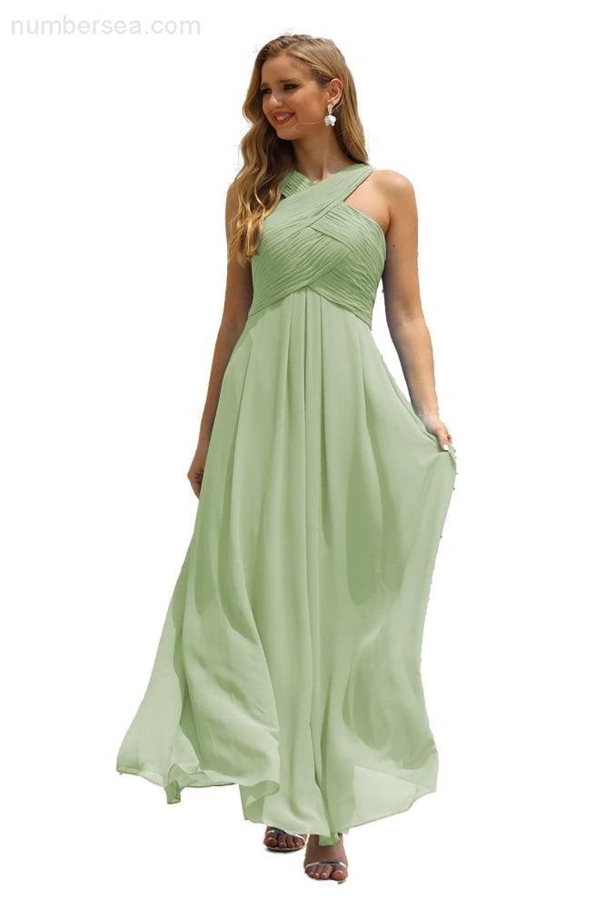 Numbersea Women Halter Chiffon Bridesmaid Dress A-line Long Formal Prom Gown SEA28015-numbersea
