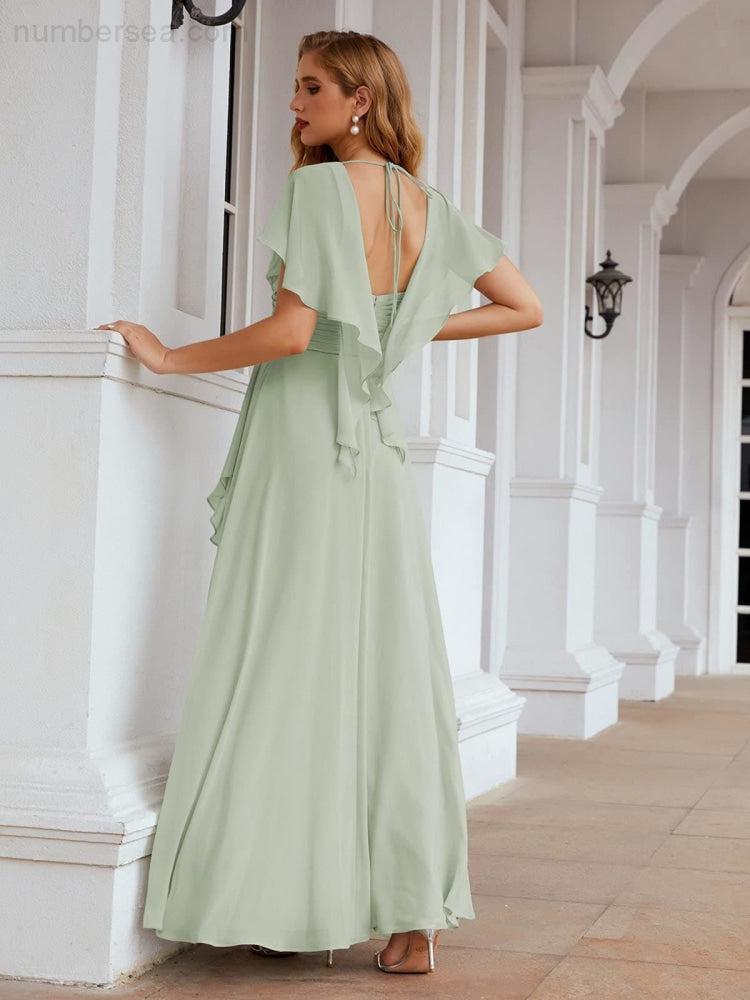 Numbersea Chiffon Bridesmaid Dresses Long Formal Evening Prom Mother of The Bride Dress with Flutter Sleeve  SEA28040-numbersea