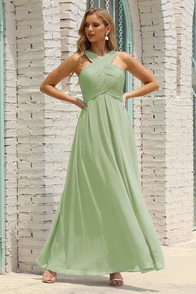 Numbersea Women Halter Chiffon Bridesmaid Dress A-line Long Formal Prom Gown SEA28015-numbersea
