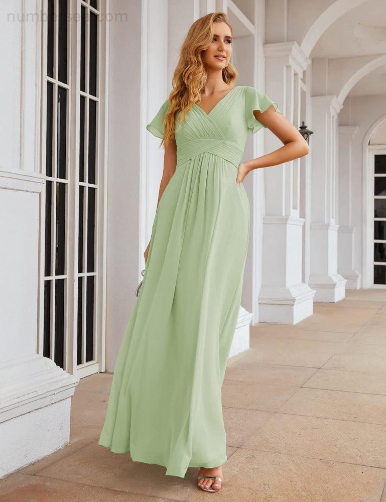 NumberSea - Numbersea Chiffon Bridesmaid Dress Cap Sleeves Maxi Prom Gowns Party Wedding Mother of The Bride Dresses for Women SEA28047