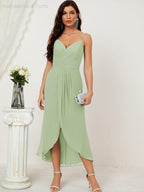 Numbersea Spaghetti Chiffon V Neck Bridesmaid Dress Mid-Length Slit Formal Prom Dress Homecoming Dress 2803-numbersea