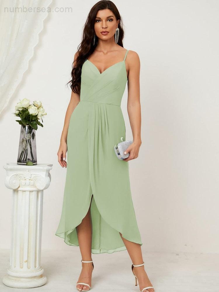 Numbersea Spaghetti Chiffon V Neck Bridesmaid Dress Mid-Length Slit Formal Prom Dress Homecoming Dress 2803-numbersea