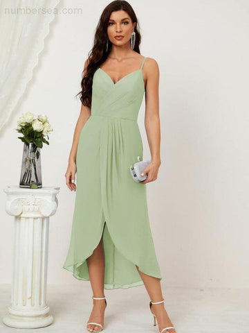 Numbersea Spaghetti Chiffon V Neck Bridesmaid Dress Mid-Length Slit Formal Prom Dress Homecoming Dress 2803-numbersea