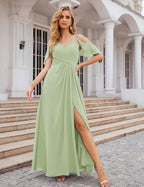 NumberSea - Numbersea Chiffon Cold Shoulder Long Bridesmaid Dresses Plus Size Formal Prom Gowns for Women Party Wedding SEA28070