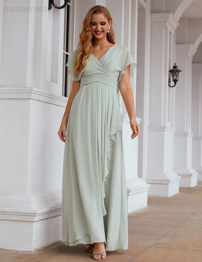 Numbersea Chiffon Bridesmaid Dresses Long Formal Evening Prom Mother of The Bride Dress with Flutter Sleeve  SEA28040-numbersea