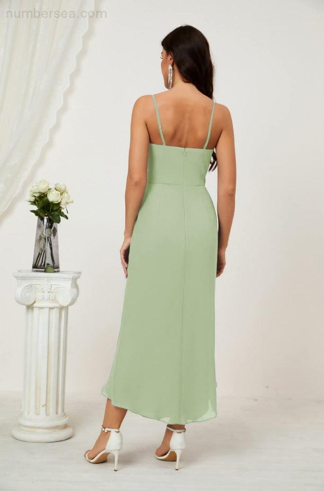 Numbersea Spaghetti Chiffon V Neck Bridesmaid Dress Mid-Length Slit Formal Prom Dress Homecoming Dress 2803-numbersea