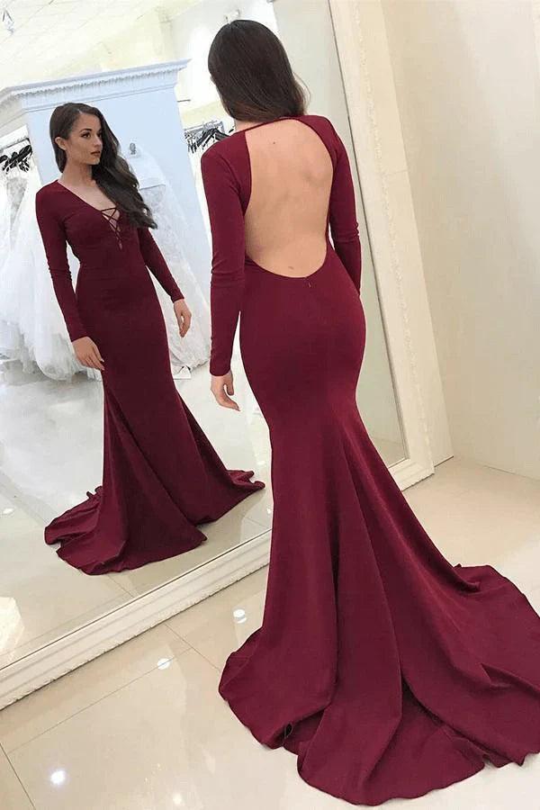 Vestidos de fiesta de satén fabulosos con escote en V profundo y manga larga sexys. 