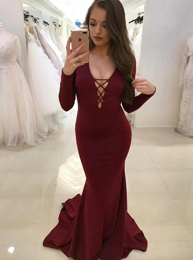 Vestidos de fiesta de satén fabulosos con escote en V profundo y manga larga sexys. 