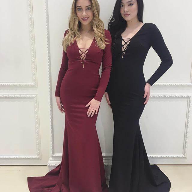 Vestidos de fiesta de satén fabulosos con escote en V profundo y manga larga sexys. 