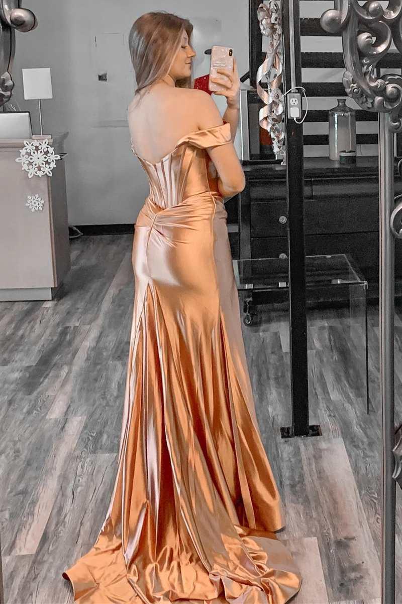 Vestidos de fiesta de satén con hombros descubiertos y abertura