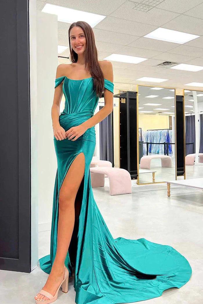 Vestidos de fiesta de satén con hombros descubiertos y abertura