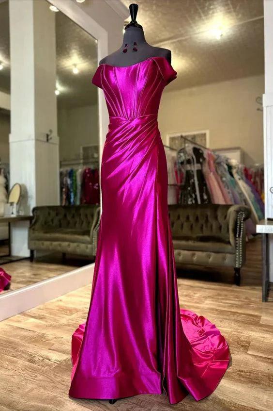 Vestidos de fiesta de satén con hombros descubiertos y abertura