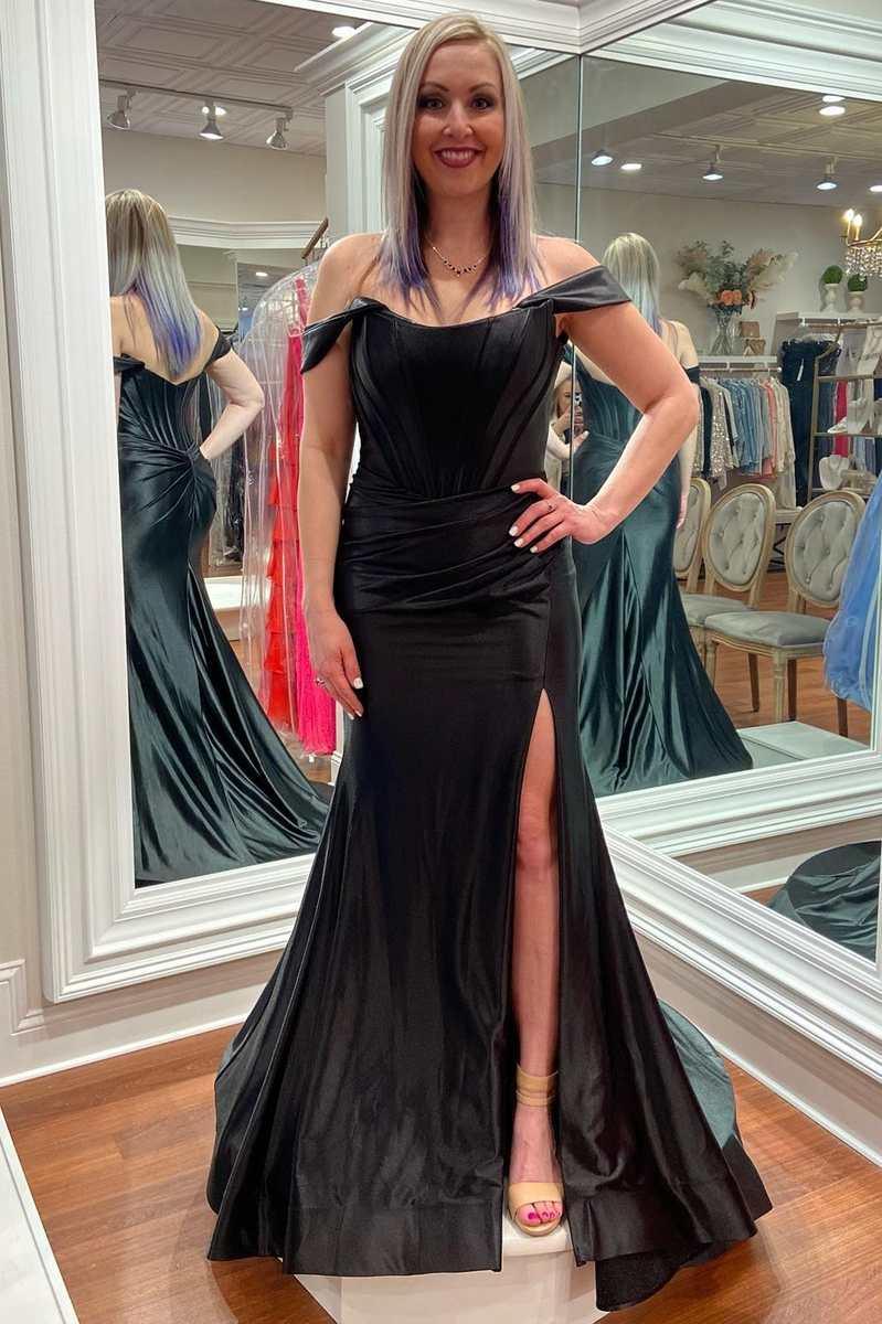 Vestidos de fiesta de satén con hombros descubiertos y abertura