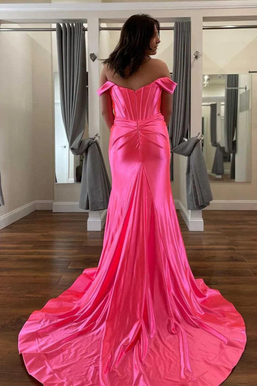 Vestidos de fiesta de satén con hombros descubiertos y abertura
