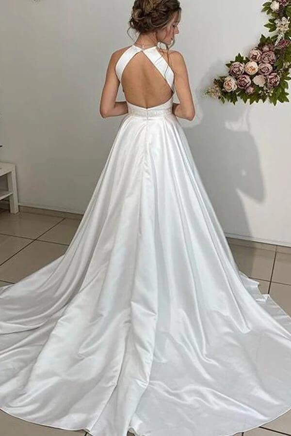 NumberSea Satin A-line Halter Backless Wedding Dress, Bridal Gown With Beaded Belt