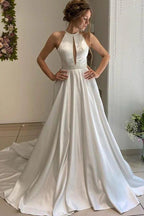 NumberSea Satin A-line Halter Backless Wedding Dress, Bridal Gown With Beaded Belt